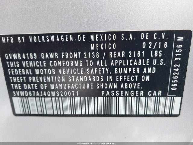 2016 Volkswagen Jetta 1.4t Se მანქანა იყიდება აუქციონზე, vin: 3VWD67AJ4GM320071, აუქციონის ნომერი: 44099911