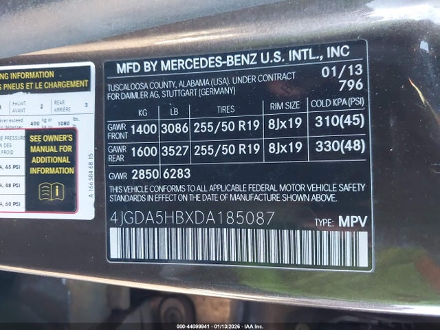 Aukcja sprzedaży 2013 Mercedes-benz Ml 350 4matic, vin: 4JGDA5HBXDA185087, numer aukcji: 44099941