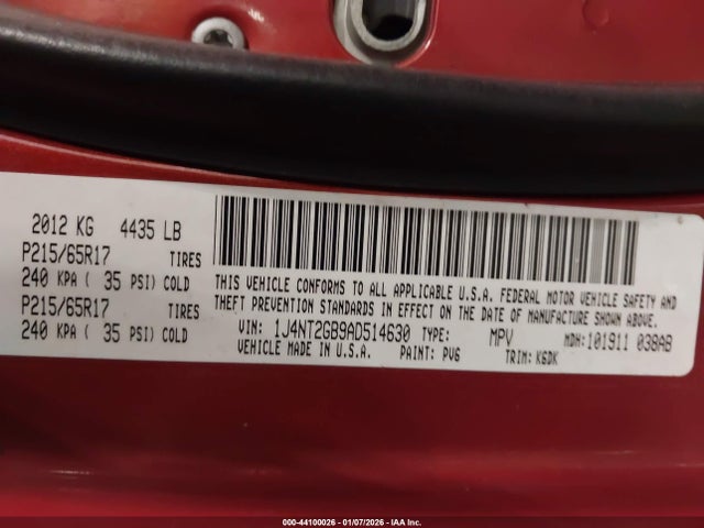 44100026 :رقم المزاد ، 1J4NT2GB9AD514630 vin ، 2010 Jeep Patriot Sport مزاد بيع