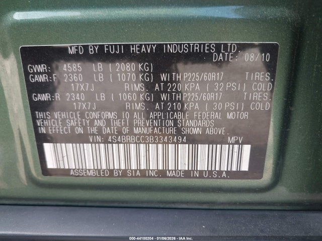 Aukcja sprzedaży 2011 Subaru Outback 2.5i Premium, vin: 4S4BRBCC3B3343494, numer aukcji: 44100204