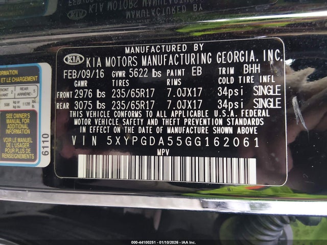 5XYPGDA55GG162061 KIA Sorento 3.3l Lx