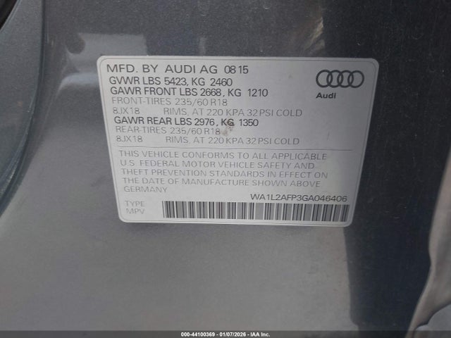 44100369 :رقم المزاد ، WA1L2AFP3GA046406 vin ، 2016 Audi Q5 2.0t Premium مزاد بيع