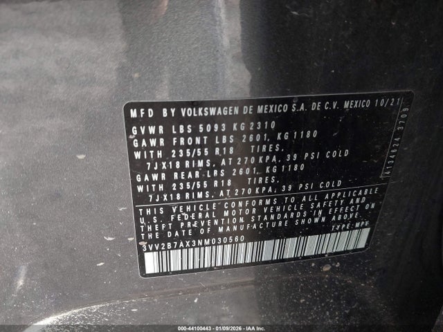 Продажа на аукционе авто 2022 Volkswagen Tiguan 2.0t Se, vin: 3VV2B7AX3NM030560, номер лота: 44100443