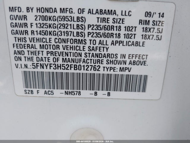 5FNYF3H52FB012762 Honda Pilot Ex-l