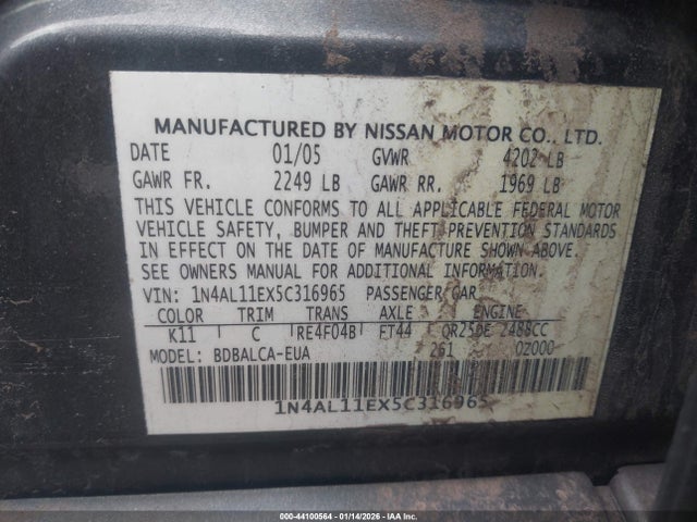 44100564 :رقم المزاد ، 1N4AL11EX5C316965 vin ، 2005 Nissan Altima 2.5 S مزاد بيع