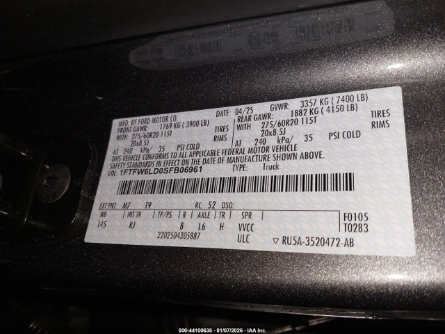 Продажа на аукционе авто 2025 Ford F-150 King Ranch, vin: 1FTFW6LD0SFB06961, номер лота: 44100638