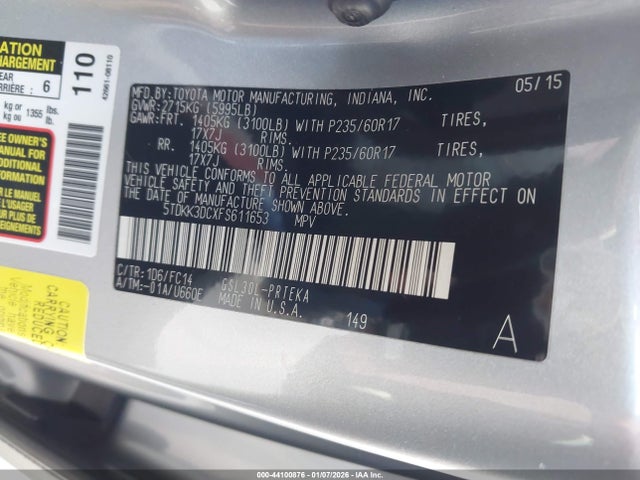 5TDKK3DCXFS611653 Toyota Sienna Le 8 Passenger
