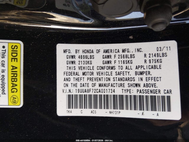 Aukcja sprzedaży 2012 Acura Tl 3.5, vin: 19UUA8F72CA001734, numer aukcji: 44100994