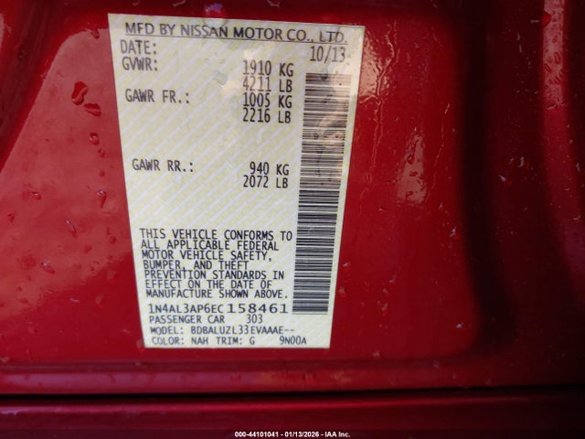 2014 Nissan Altima 2.5 Sv მანქანა იყიდება აუქციონზე, vin: 1N4AL3AP6EC158461, აუქციონის ნომერი: 44101041
