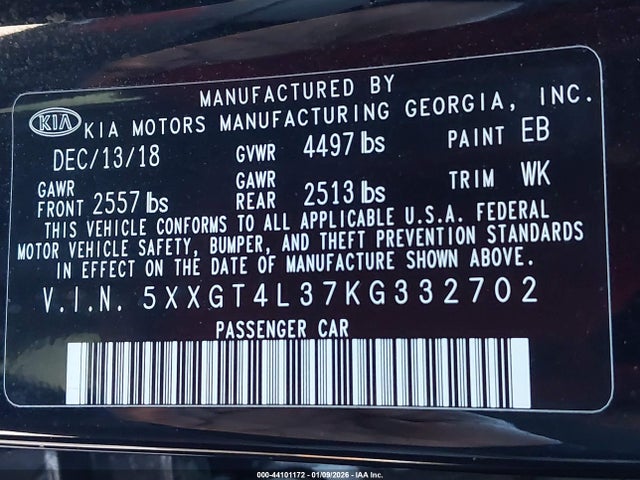 5XXGT4L37KG332702 KIA Optima Lx