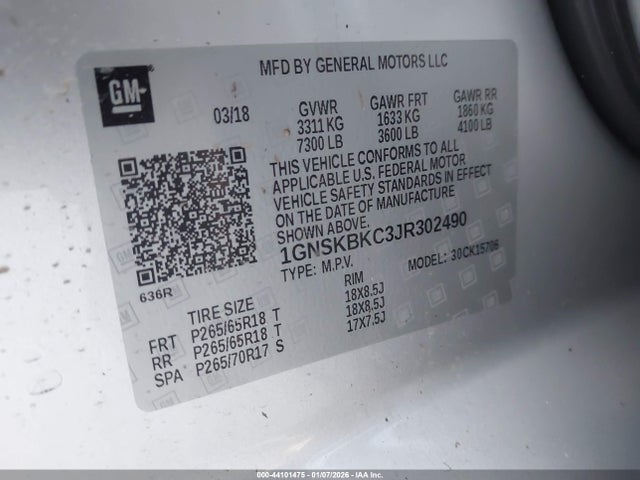 1GNSKBKC3JR302490 Chevrolet Tahoe Lt