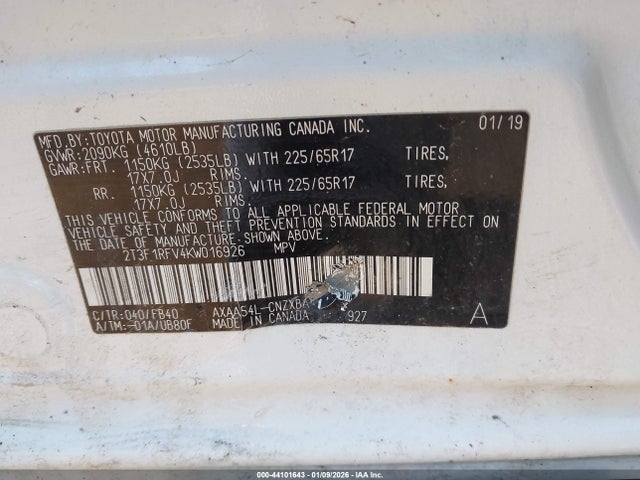 Aukcja sprzedaży 2019 Toyota Rav4 Le, vin: 2T3F1RFV4KW016926, numer aukcji: 44101643