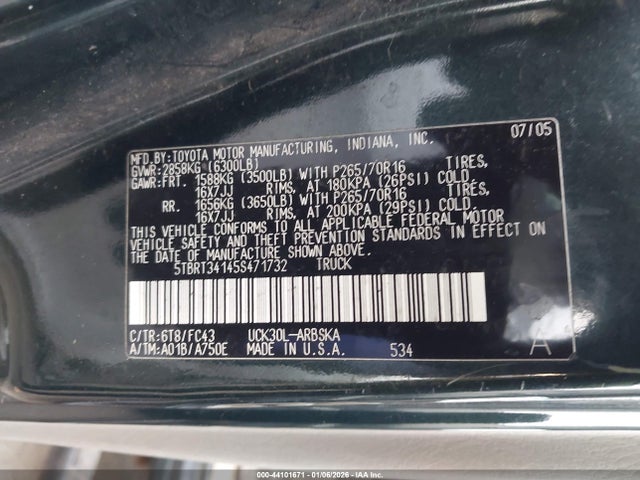 2005 Toyota Tundra Sr5 V8 მანქანა იყიდება აუქციონზე, vin: 5TBRT34145S471732, აუქციონის ნომერი: 44101671