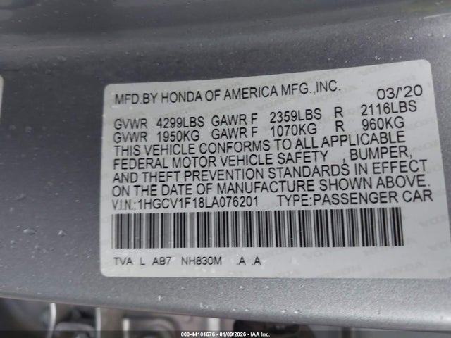 Aukcja sprzedaży 2020 Honda Accord Lx, vin: 1HGCV1F18LA076201, numer aukcji: 44101676