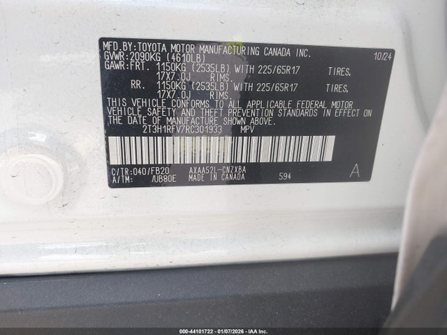 2024 Toyota Rav4 Le მანქანა იყიდება აუქციონზე, vin: 2T3H1RFV7RC301933, აუქციონის ნომერი: 44101722