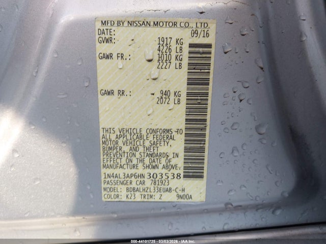 1N4AL3AP6HN303538 Nissan Altima 2.5 Sr