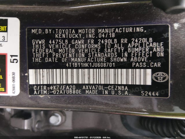 4T1B11HK1JU608701 Toyota CAMRY LE