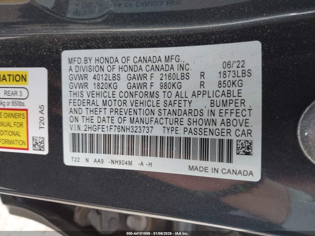 Honda CIVIC EX 2022 2HGFE1F76NH323737 Image 9