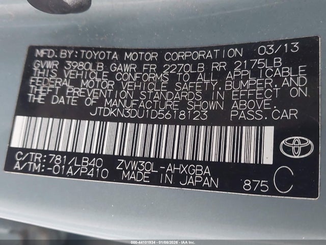 44101934 :رقم المزاد ، JTDKN3DU1D5618123 vin ، 2013 Toyota Prius Four مزاد بيع