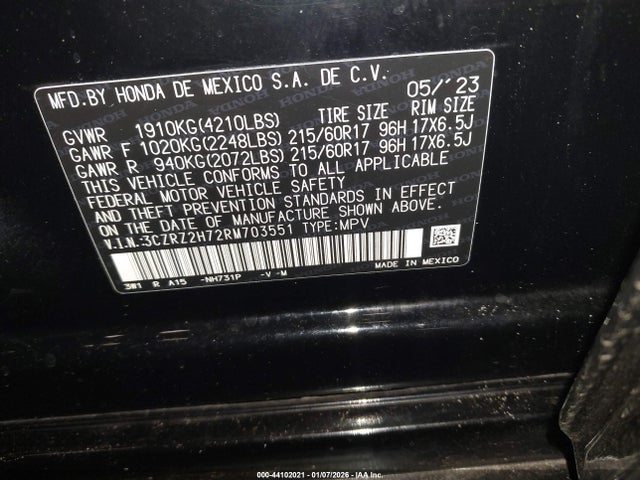 3CZRZ2H72RM703551 Honda Hr-v Awd Ex-l/awd Ex-l W/o Bsi