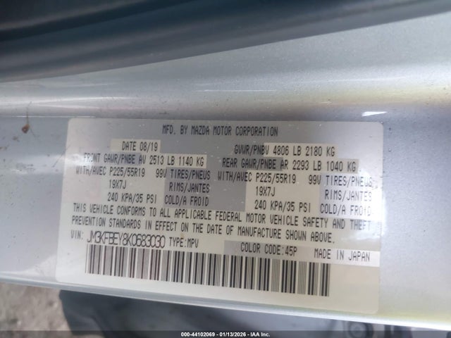 44102069 :رقم المزاد ، JM3KFBEY8K0683030 vin ، 2019 Mazda Cx-5 Signature مزاد بيع