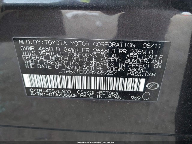 44102106 :رقم المزاد ، JTHBK1EG0B2469254 vin ، 2011 Lexus Es 350 مزاد بيع