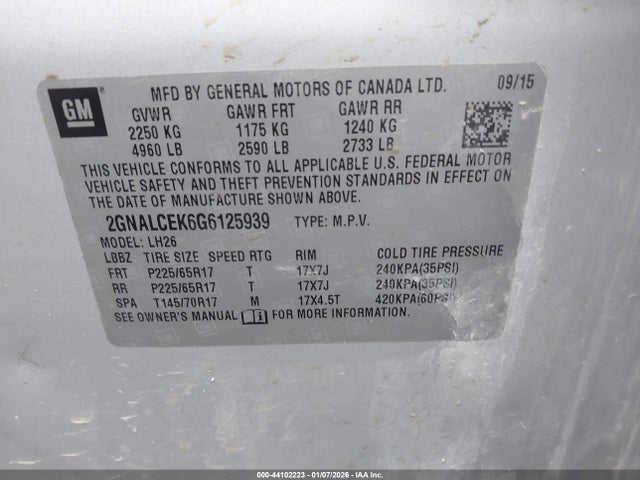 Продаж на аукціоні авто 2016 Chevrolet Equinox Lt, vin: 2GNALCEK6G6125939, номер лоту: 44102223