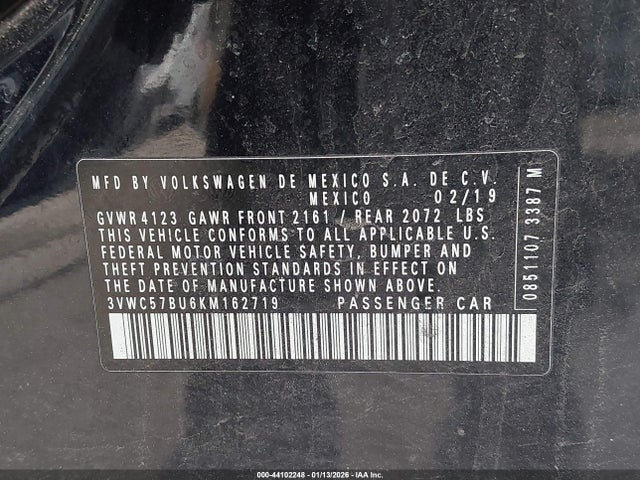 44102248 :رقم المزاد ، 3VWC57BU6KM162719 vin ، 2019 Volkswagen Jetta مزاد بيع