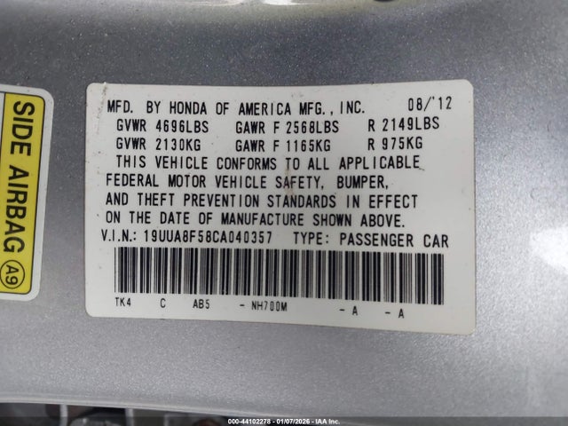 2012 ACURA TL 19UUA8F58CA040357 Photo 8