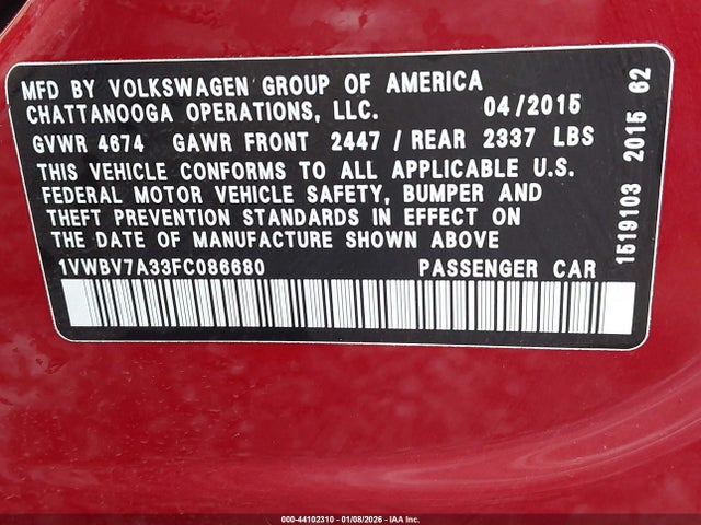 1VWBV7A33FC086680 Volkswagen Passat 2.0l Tdi Se