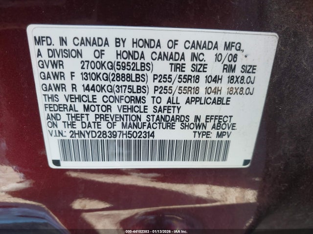 2007 ACURA MDX 2HNYD28397H502314 Photo 8