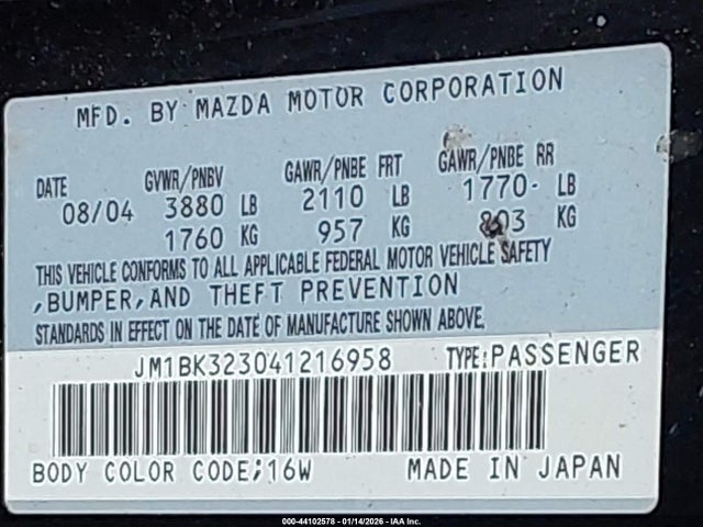 Aukcja sprzedaży 2004 Mazda Mazda3 S, vin: JM1BK323041216958, numer aukcji: 44102578