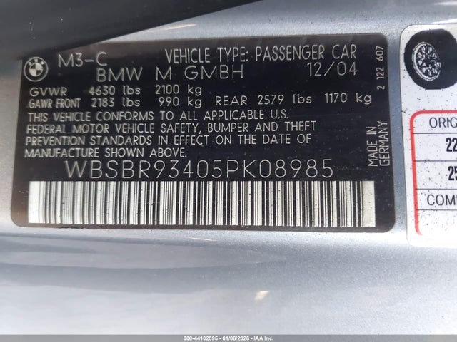Продажа на аукционе авто 2005 Bmw M3, vin: WBSBR93405PK08985, номер лота: 44102595