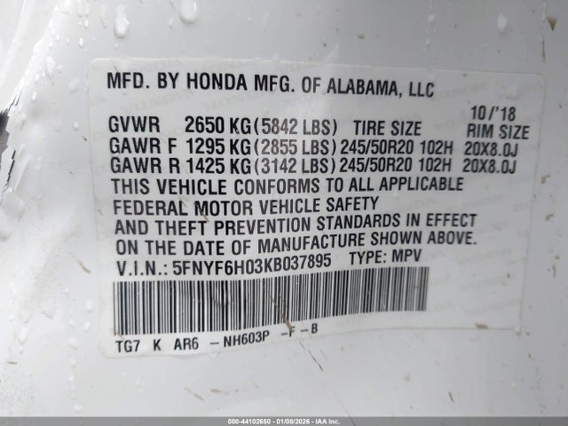 5FNYF6H03KB037895 Honda Pilot Elite