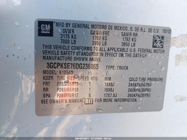 Продаж на аукціоні авто 2013 Chevrolet Silverado 1500 Lt, vin: 3GCPKSE76DG236065, номер лоту: 44102677