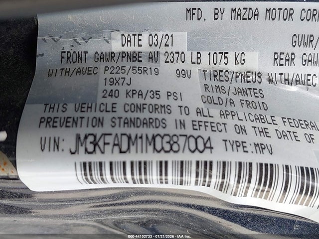 44102733 :رقم المزاد ، JM3KFADM1M0387004 vin ، 2021 Mazda Cx-5 Grand Touring مزاد بيع