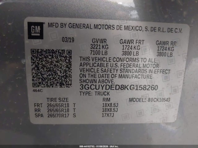3GCUYDED8KG158260 Chevrolet Silverado 1500 Lt