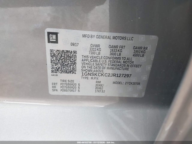 2018 Chevrolet Tahoe Premier მანქანა იყიდება აუქციონზე, vin: 1GNSKCKC2JR127297, აუქციონის ნომერი: 44102759