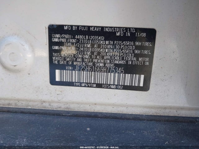 2009 Subaru Forester (natl) X მანქანა იყიდება აუქციონზე, vin: JF2SH61669H775345, აუქციონის ნომერი: 44102787
