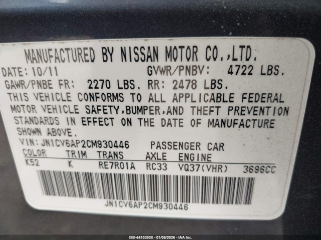 44102800 :رقم المزاد ، JN1CV6AP2CM930446 vin ، 2012 Infiniti G37 Journey مزاد بيع