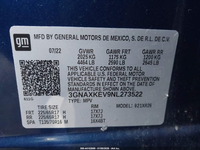 3GNAXKEV9NL273522 Chevrolet Equinox Fwd Lt