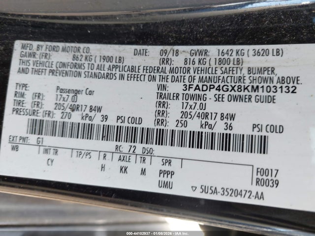 2019 Ford Fiesta St მანქანა იყიდება აუქციონზე, vin: 3FADP4GX8KM103132, აუქციონის ნომერი: 44102937