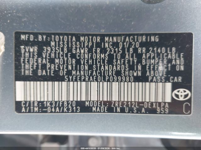 2020 TOYOTA COROLLA 5YFEPRAE0LP099980 Photo 8