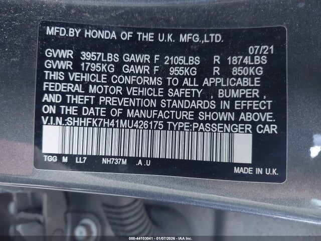 SHHFK7H41MU426175 Honda Civic Sport