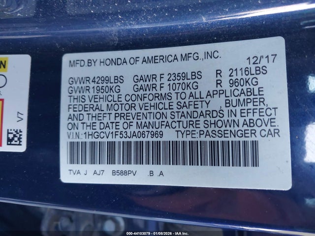 1HGCV1F53JA067969 Honda Accord Ex-l