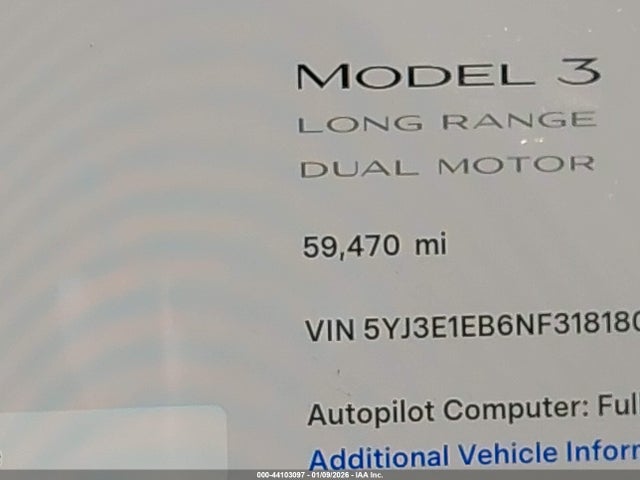 5YJ3E1EB6NF318180 Tesla Model 3 Long Range Dual Motor All-wheel Drive
