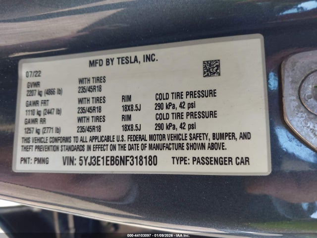 2022 TESLA MODEL 3 5YJ3E1EB6NF318180 Photo 8