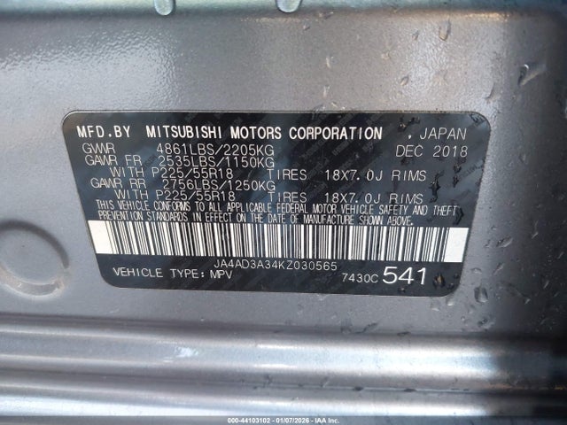 Aukcja sprzedaży 2019 Mitsubishi Outlander Sel, vin: JA4AD3A34KZ030565, numer aukcji: 44103102