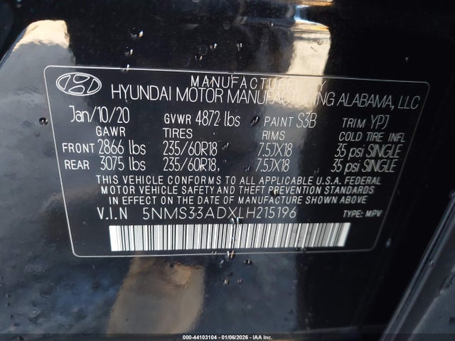 5NMS33ADXLH215196 Hyundai Santa Fe Sel