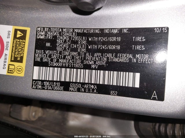 5TDKKRFH1FS119055 Toyota Highlander Xle V6